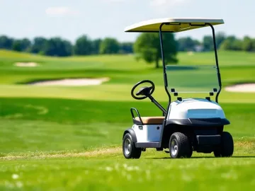 White golf cart parked on a green fairway