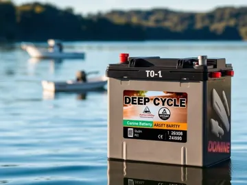 Marine deep cycle battery beside a boat on the water
